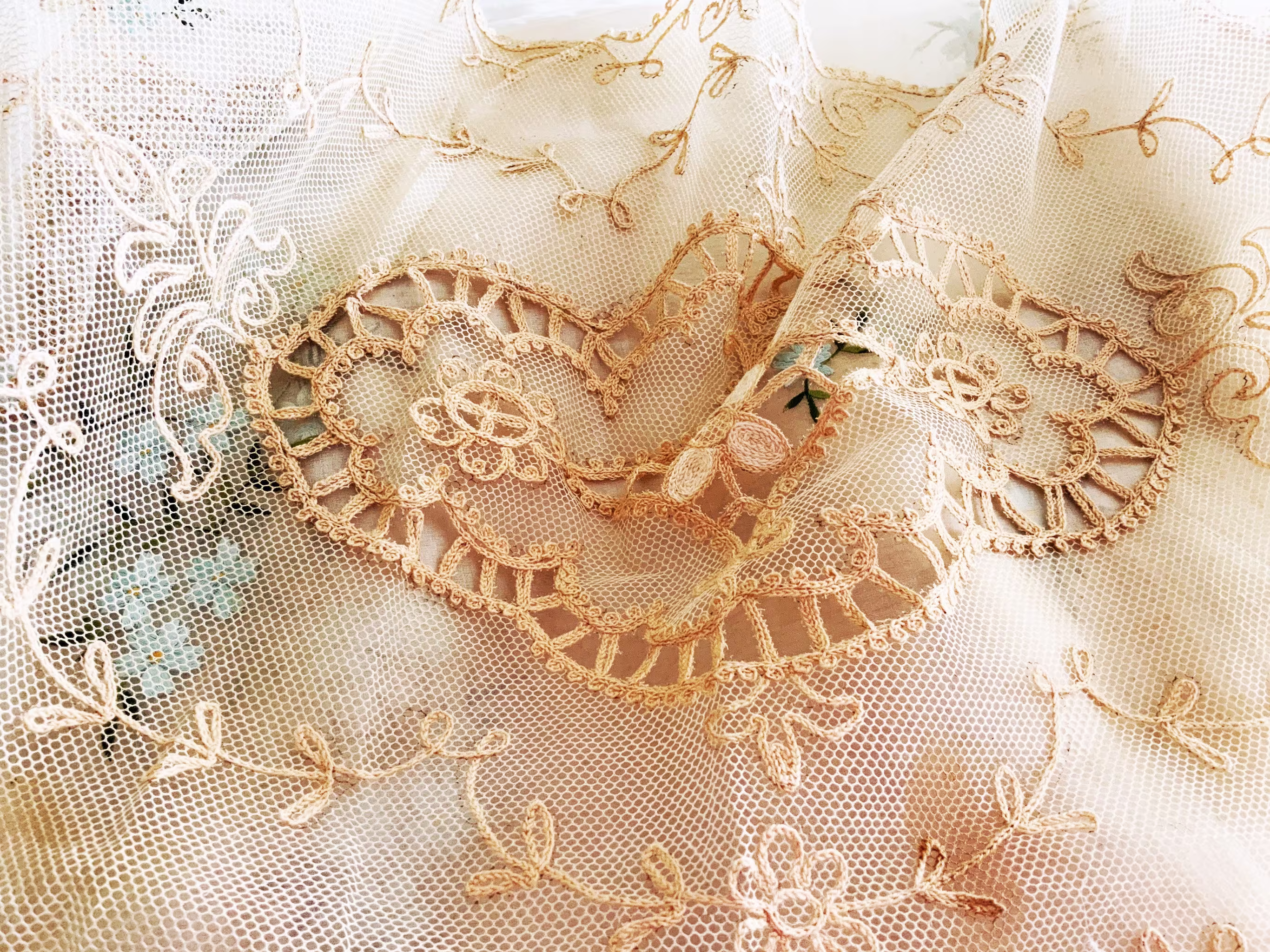 15x42In Antique Ecru Tambour Lace Table Runner - Tulle Dressingtable Scarf Craft Cutter Salvage Shabby Chic