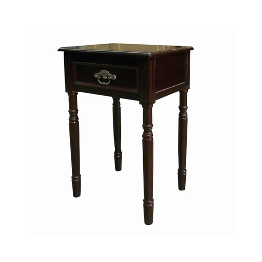 Square Shaped End Table with Turned Tapered Legs and 1 Drawer, Cherry Brown - 27 H x 11.5 W x 15.5 L Inches