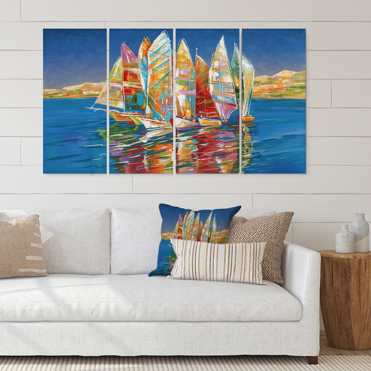 Designart 'Colorful Sailboat On Blue' Nautical & Coastal Canvas Wall Art Print - 48x28 - 4 Panels