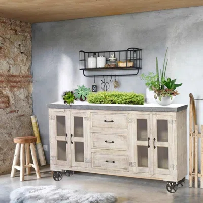72 Inch Distressed White 3 Drawer 4 Glass Doors Galvanized Top Wheeled Sideboard