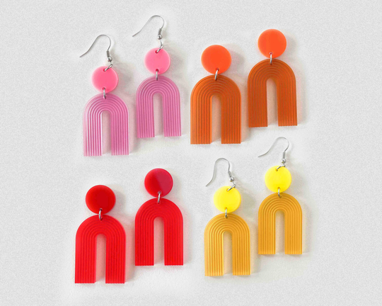 Colorful Acrylic Earrings, Red Statement Orange Jewelry, Pink Minimal Yellow Arch Lightweight Earrings