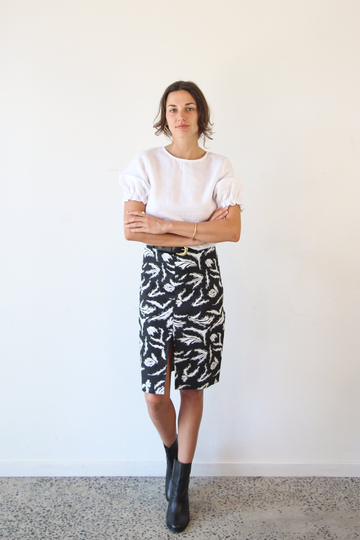Ladies High Waisted Pencil Skirt, Knee Length Black Linen Printed Statement Work Vera Skirt - Glade