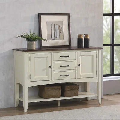 Zechari Sideboard With Large Display Shelf | 3 Drawers 2 Storage Cabinets | Antique White And Chestnut Brown