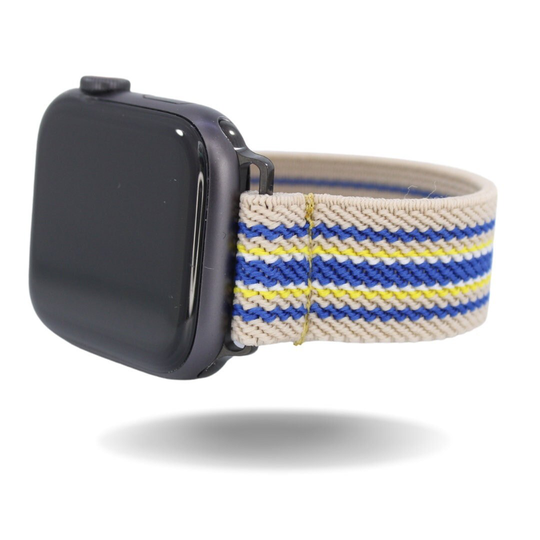 Elastic Watch Band For Apple - All Series | Models 1 8, Se, Ultra | Thin Tan Blue Yellow Striped Handmade Stretchy Comfy Strap