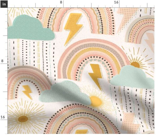 Weather Patterns Fabric By The Yard | Raindrops Nature Rainbows Outdoors Clouds Lightning| Print To Order Custom