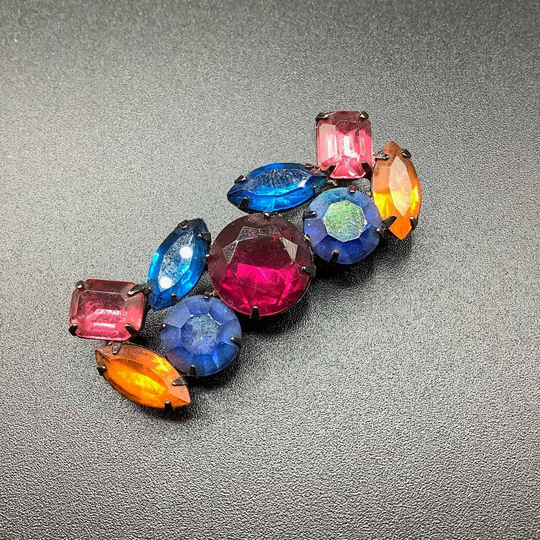 Colorful "Gems" Rhinestones Bar Pin Fun Japanned Black Metal