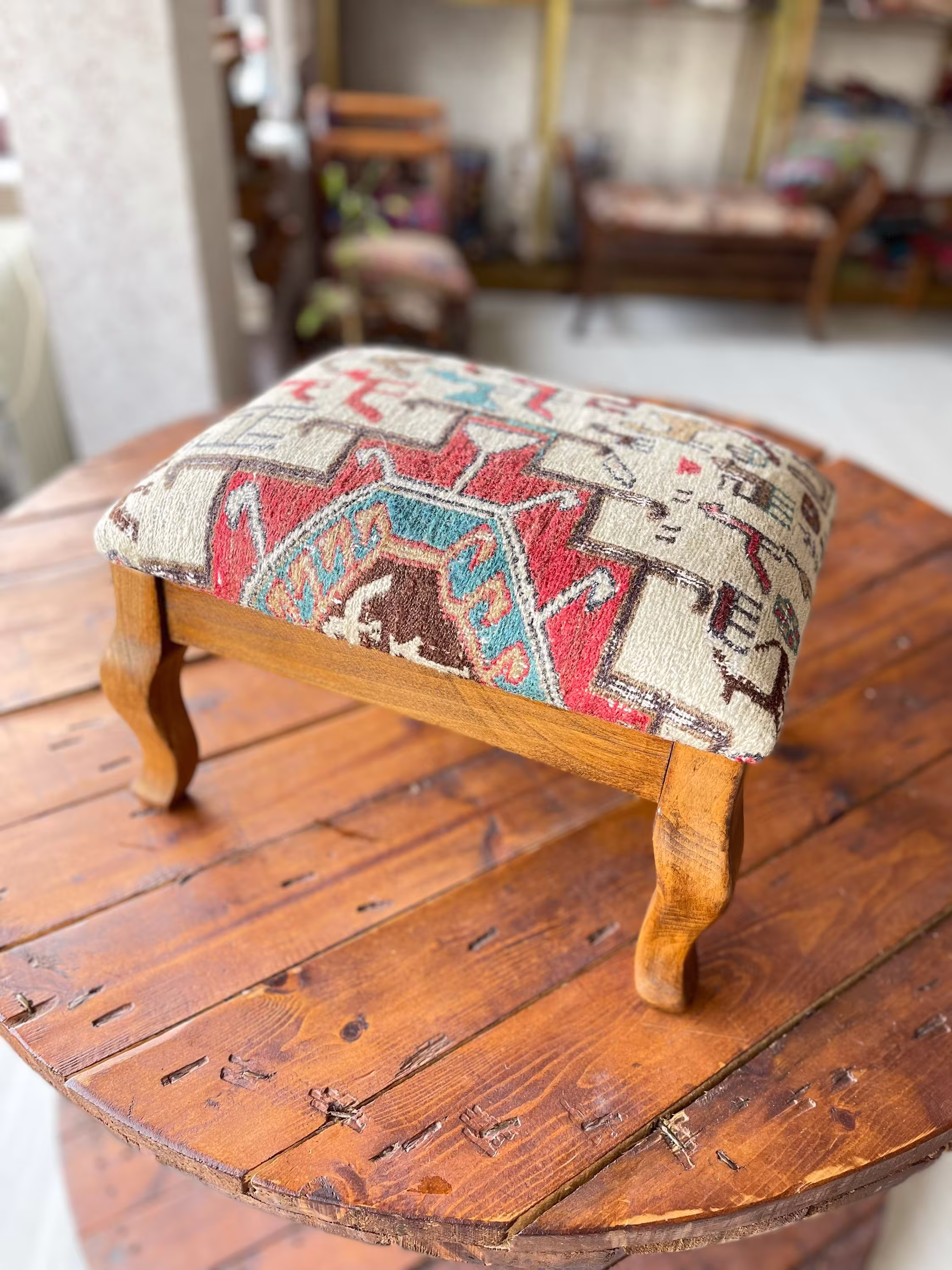 Kilim Ottoman Stool, Kilim Foot Rest, Beech Wood Vintage Furniture, Chair, Rectangle Ottoman, Home Decor