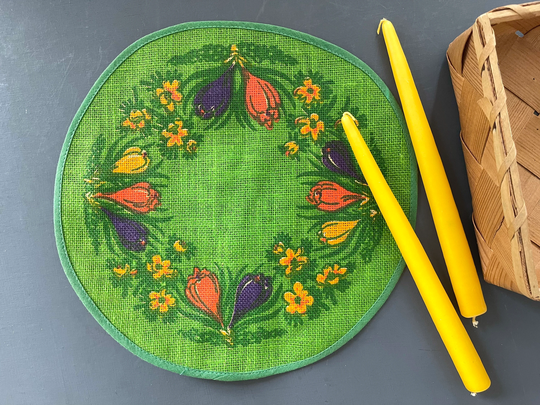 Danish Spring/Easter Burlap Mini Table Cloth - Decoration With Flowers, Especially Crocus. Made By Inka Print, 70S Denmark. Vintage Fabric