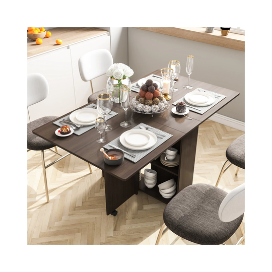 Foldable Kitchen Table, Rolling Wood Folding Dining Table on Wheels for Small Spaces