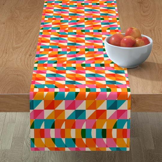 Retro Orange Stripes Table Runner - Checkered Waves By Kondratya Teal Pink Cotton Sateen Spoonflower