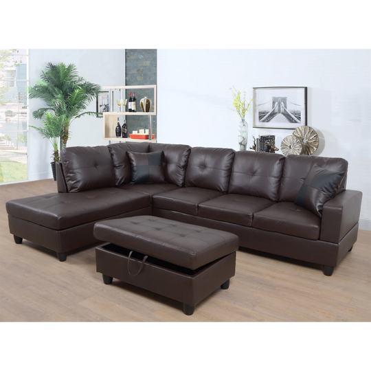 3PC Sectional Sofa Faux Leather Left-Facing Sofa Storage Ottoman Brown