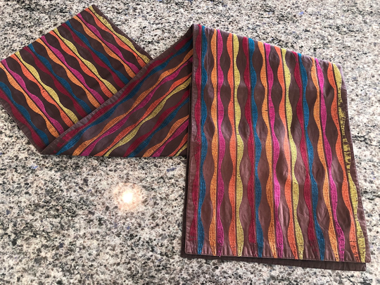 Brown Long Cotton Table Runner With Multi-Colored Embroidered Squiggly Lines 14" X 112" - Long Table Runner, Modern Mod Dining