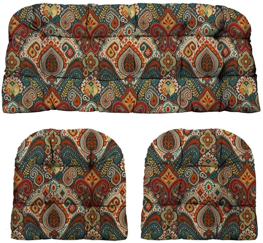 Bohemian Retro Paisley Scroll Print Indoor Outdoor 3 Piece Wicker Cushions Set ~ Loveseat Settee & 2 Matching Chair