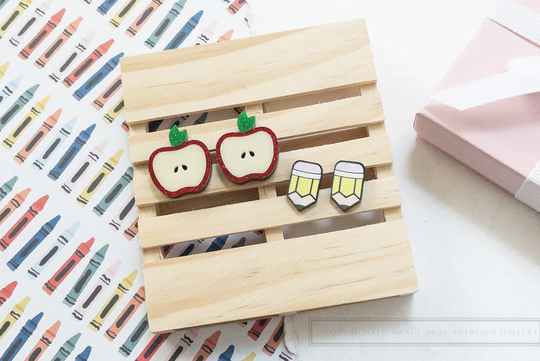 Teacher Acrylic Studs | Pencil Stud Earrings Apple Appreciation Gifts Back To School