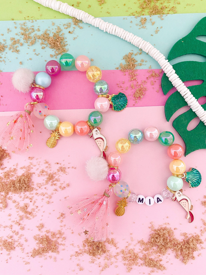 Summer Tropical Tiki Bird Pineapple Kids Tassel Charm Bracelet, Toddler Personalized, Custom Name, For Girls
