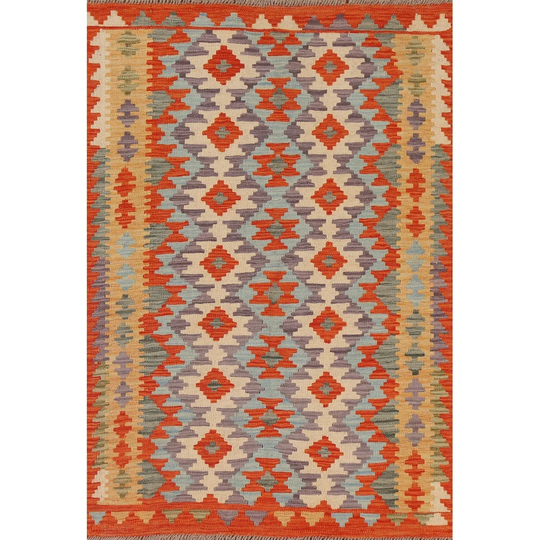 Multi-Color Kilim Area Rug Flat-weave Oriental Wool Carpet - 3'3" x 4'9"