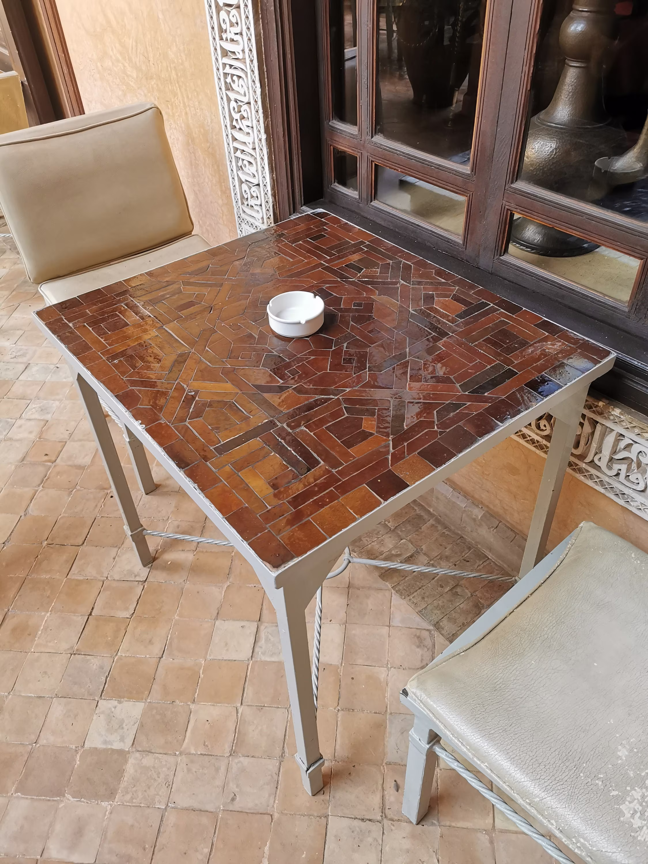 Customizable Brown Zellije Mosaic Square Table - Art Mid Century Style Handmade Dining For Outdoor & Indoor