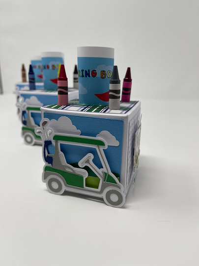 Golf Cart Box Crayon & Coloring Book Holder Personalized, Birthday Kids Activity, Favor Boxes, Decorations