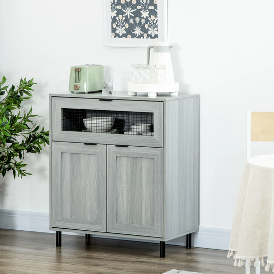 HOMCOM Industrial Buffet Cabinet, Kitchen Sideboard with Metal Grid Flip Drawer, 2-Tier Cabinet, Adjustable Shelf