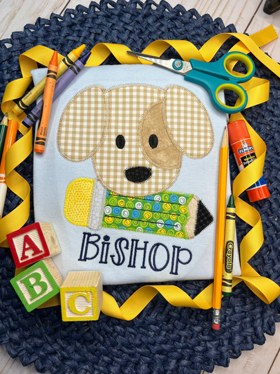 Boy Back To School; Fall Shirt; School; Personalized Appliqued Puppy & Pencil