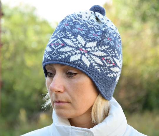 Knitted Skiing Winter Hat With Ear Flops Woolen Nordic Fair Isle Pattern Blue Beanie For Men & Women Selbu Stars Icelandic Cap