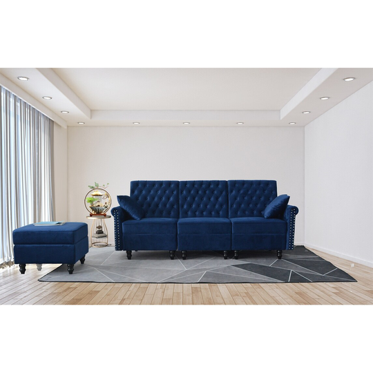L-shaped 3-seater Velvet Sofa with Removable Ottoman & Wood Legs