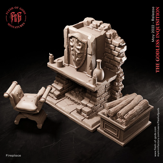 Fireplace With Wood & Chair - Terrain Scenery Flesh Of Gods 3D Printed Miniature For Gaming