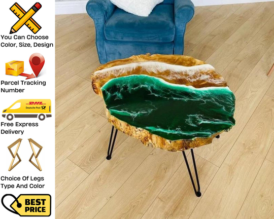 Epoxy Resin Coffee Table, Natural Wood Small Live Edge End Modern Unique Table