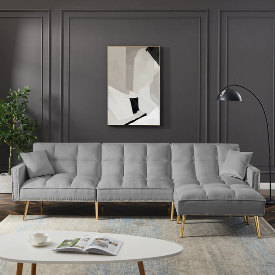 Velvet Reversible Sectional Sofa Bed with Ottoman, Adjustable Positions Backrest Sofa with Nailhead Trim and Tufted Cushion