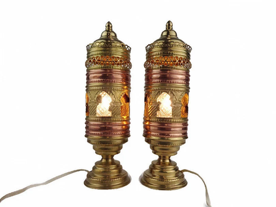 Moroccan Table Lamps Set, Vintage Brass Copper Set Morocco