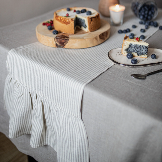 striped Farmhouse Table Runner, Ruffled Linen Shabby Chic Wrinkled Cloth