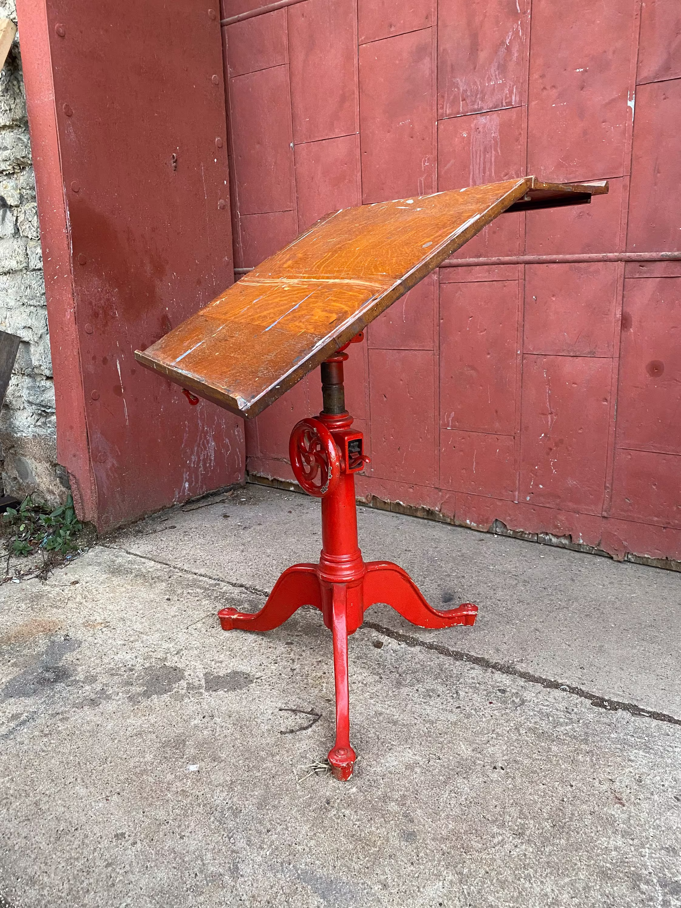 1920S K & E Drafting Table Cast Iron Cranking Industrial Office Desk Kitchen Art Easel Tv Stand