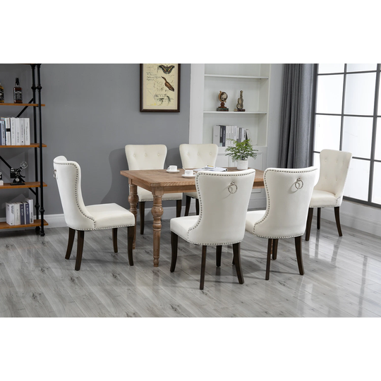 Dining Chair Tufted Armless Chair Upholstered Accent Chair with Metal Back Ring & Silver Nail Head Trim & Wood Legs, Set of 6