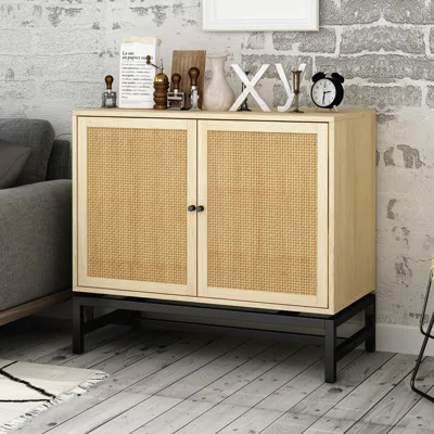 Ratten Sideboard Buffet Cabinet/Console Table, Accent Storage Cabinet With 1 Adjustable Inner Shelves, 2 Door Cabinet, White