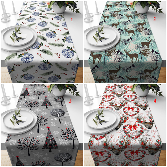 Winter Trend Table Runner, Xmas Heart Kitchen Deer Print Cloth, Snowflake Topper, Pine Tree Decor, Decor