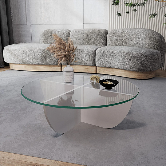 Round Unbreakable Glass Coffee Table, Top Side Wood Center Unique White Living Room Table