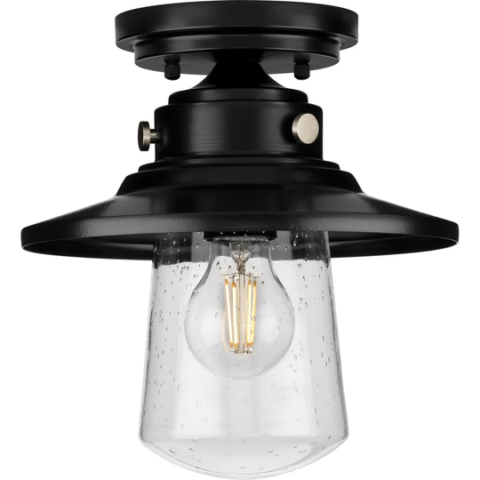Tremont Collection 1-Light Matte Black Clear Seeded Glass Farmhouse Semi-Flush Mount Ceiling Light - 9 in x 9 in x 10 in