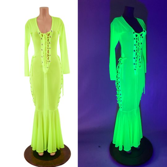Neon Yellow Mesh Mermaid Gown With Deep Plunging V Laceup Neckline & Laceups At The Hips Emk157678