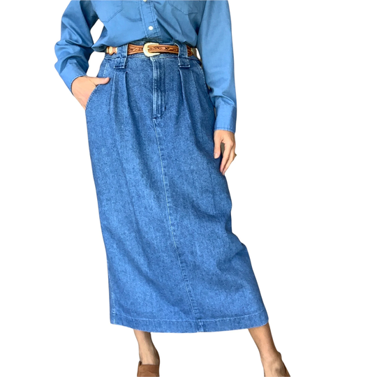 90S Dockers High Waisted Pleated Blue Denim Midi Pencil Skirt | Size 30, 31
