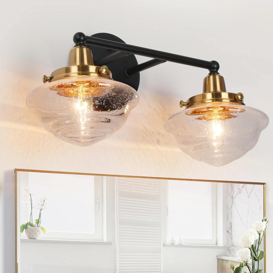 Rumar Modern Black Gold 2-Light Bathroom Vanity Light Schoolhouse Glass Wall Sconces - 16.5"L
