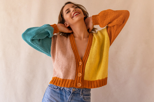 Knit Colorful Cardigan For Women, Cotton Cardigan, V-Neck Sweater, Multi Color Patckwork Jacket, Chunky Cropped Gift Her