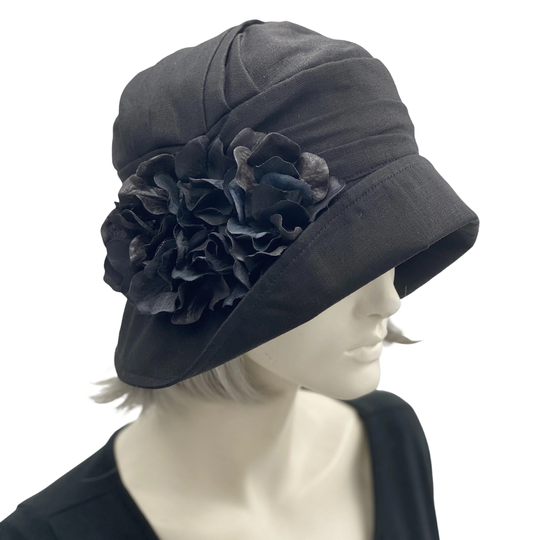 1930S Hat, Cloche Hat Black With Hydrangea Brooch, Vintage Style, Linen in Or Choose Your Color, Handmade Usa