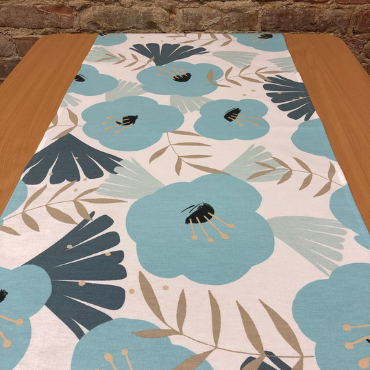 Table Runner With Blue Poppy, Floral Tablecloth, Scandinavian Design, Modern Table Cloth, Cotton