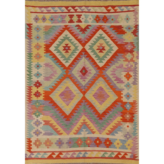 Colorful Geometric Kilim Area Rug Flat-weave Oriental Wool Carpet - 5'0"x 6'10"