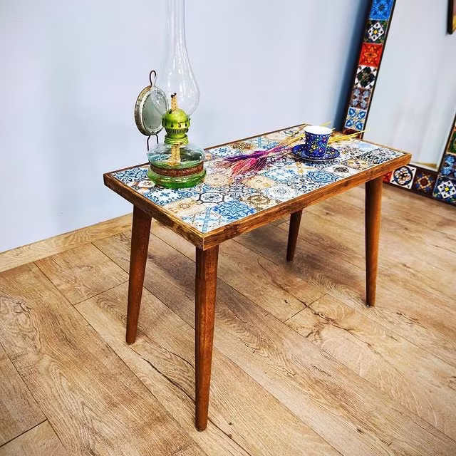 Rustic Coffee Table With Tiled Top Wooden End Tiles Retro Side Ceramic Rectangle Boho Tile Valentine's Day Gift