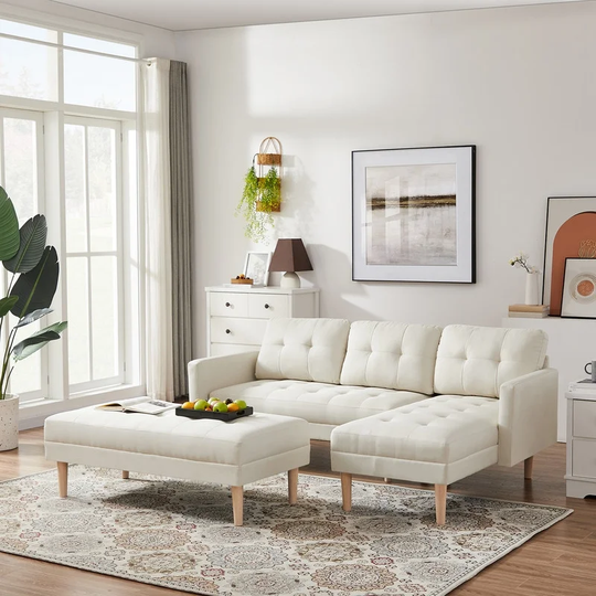 Beige Sectional Sofa Bed , L-shape Sofa Chaise Lounge with Ottoman