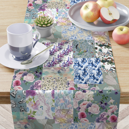 Blue Table Runner, Patchwork Quilt Print Tablecloth, Farm Décor, Country Farmhouse Cloth