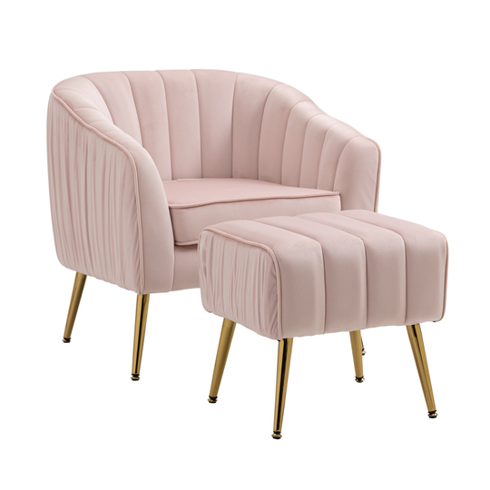 Modern Barrel Chair Velvet Accent Chair Scallop Edge & Barrel Back Design Arm Pub Chair with Ottoman Set & Golden Metal Legs