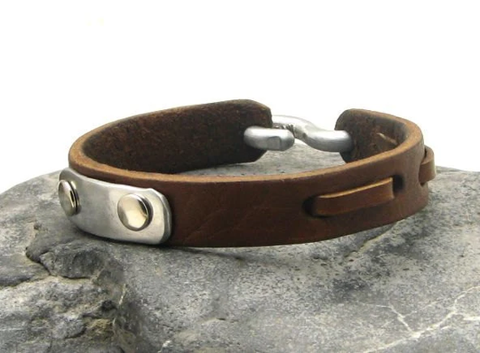 Men's Leather Bracelet Brown Men's Cuff With Hammered Metal Work Buckle & Handmade "S" Clasp