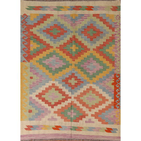 Multi-Color Kilim Oriental Area Rug Flat-weave Wool Carpet - 4'9" x 6'1"